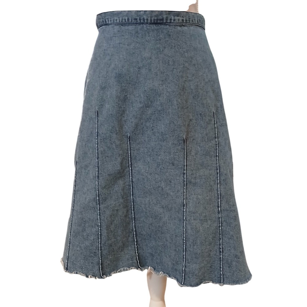Cabelas Casuals Sz 16 Womens Denim Midi Skirt Blue Paneled Raw Hem Modest
